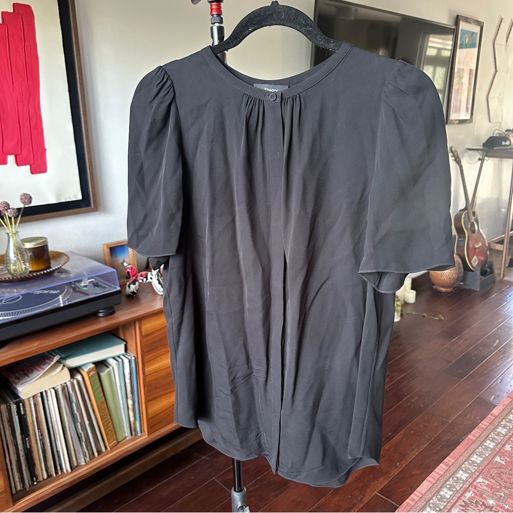 Theory Black Gathered Neck Blouse